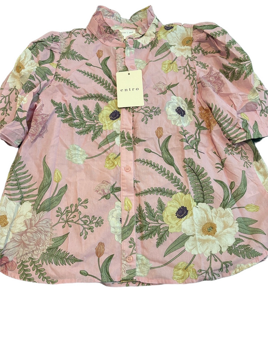 entro Tops - NWT Pink Floral Button Down Blouse Entro Ruffle Neck Puff Sleeves Pink Green S